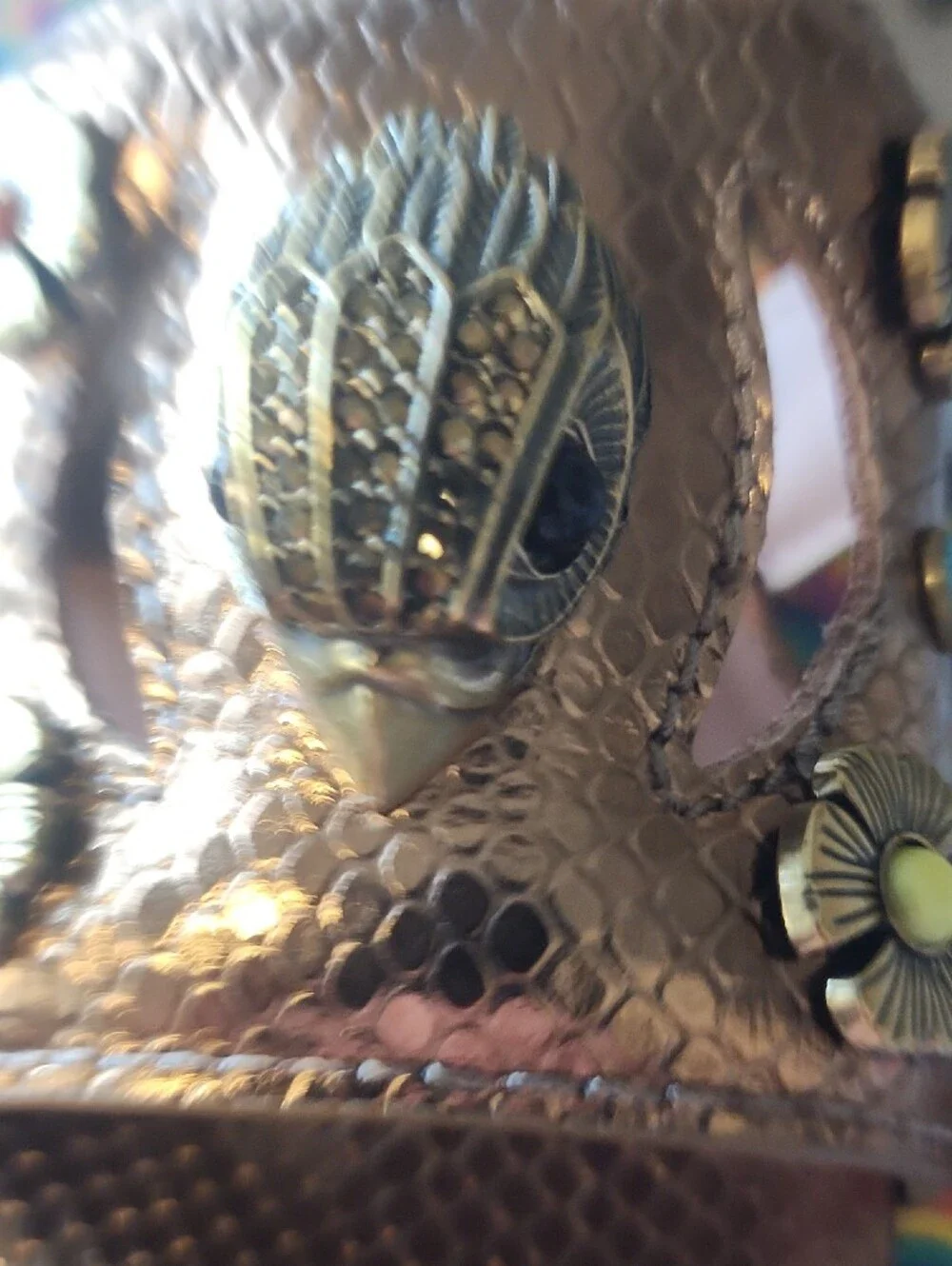 Kurt Geiger Metallic Bronze Slide with Floral Studs and Owl Accent